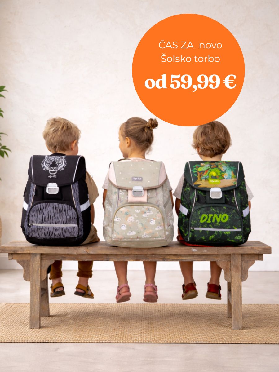 Three kids with backpacks sit on a wooden bench, orange promo circle advertising school bags from €59.99 and up.