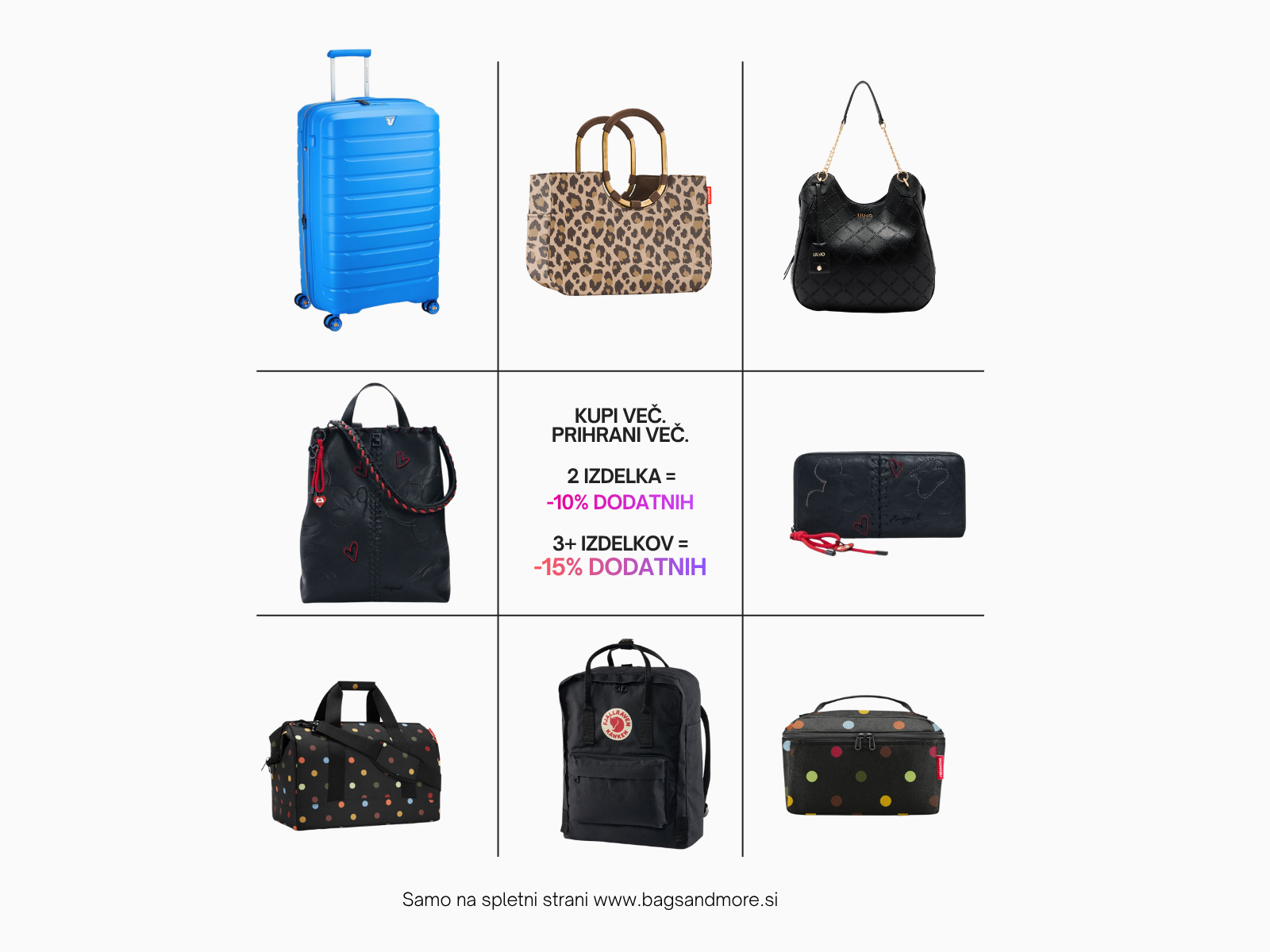 Grid of nine fashion bags and luggage items, featuring a blue suitcase, leopard print tote, and black quilted handbag; center panel shows a discount offer and the site is listed below.