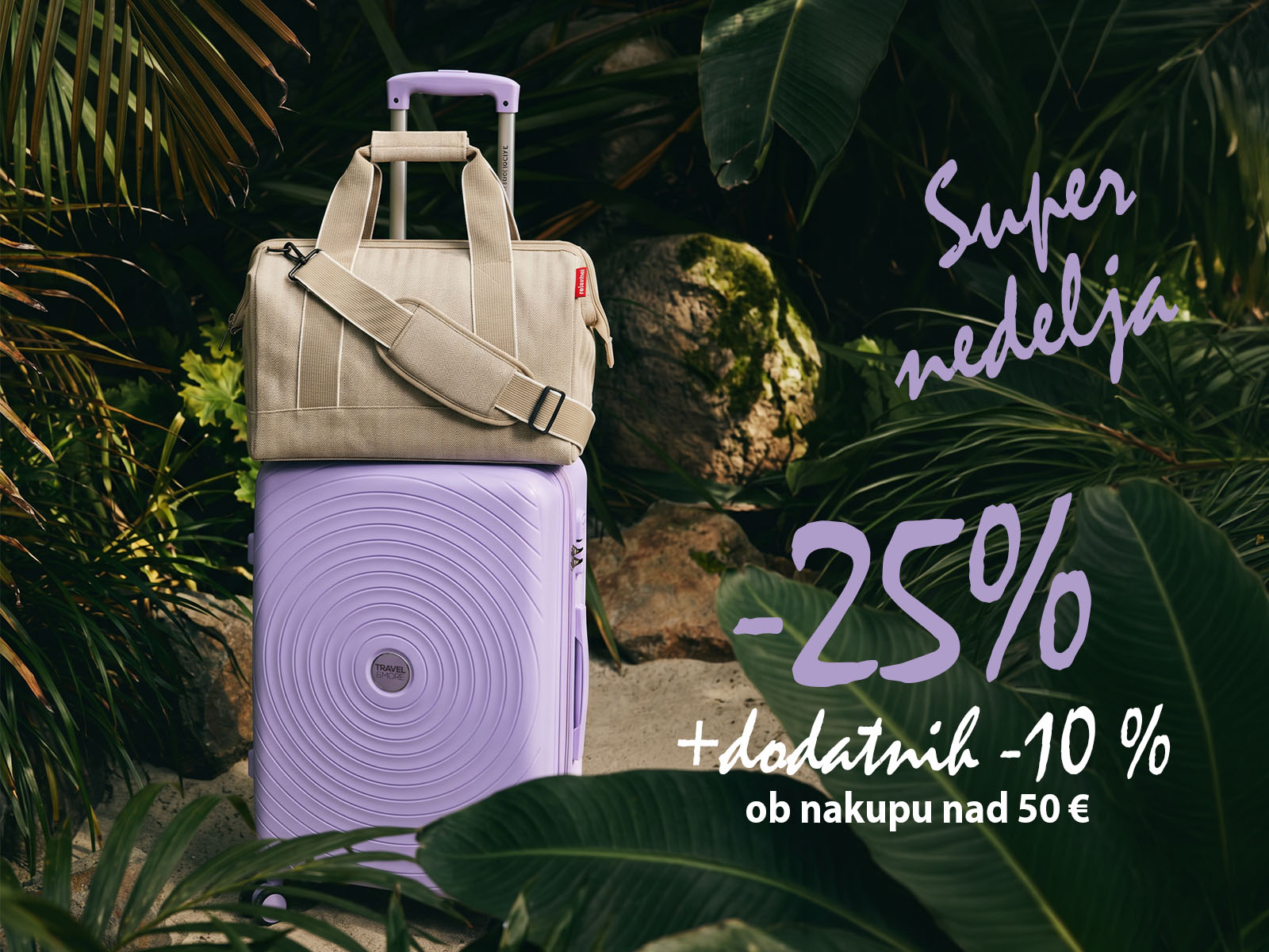 Beige travel bag resting on a lavender suitcase among tropical plants, with purple handwritten promo text offering 25% off and an extra 10% off on purchases over €50.