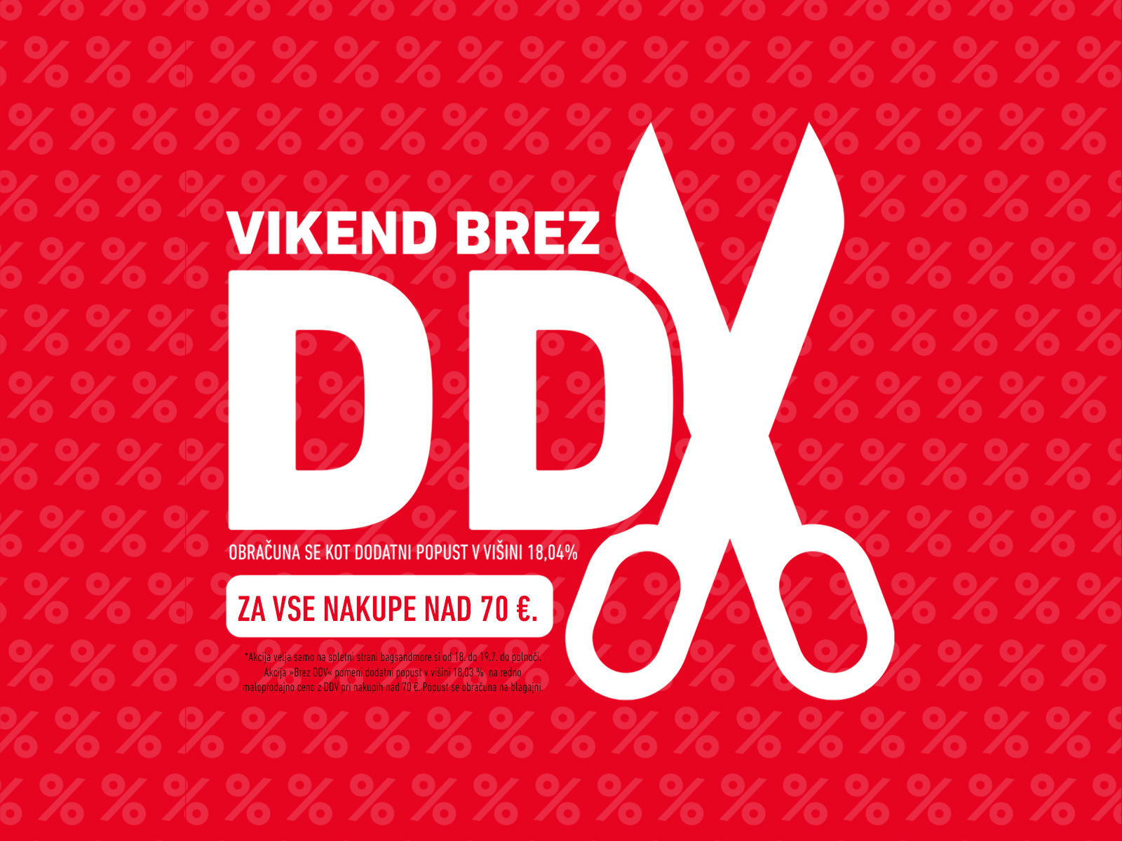 Red sale banner announcing 'VIKEND BREZ DDV' with oversized white 'DDV' and a large scissors graphic, percent-pattern background, and 'ZA VSE NAKUP E NAD 70 €' text.