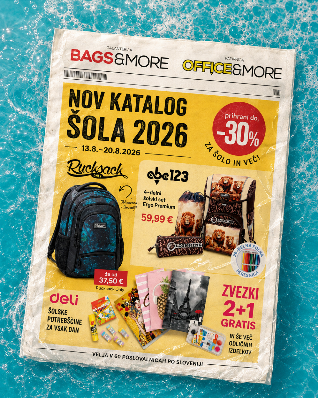 Sale flyer for Bags&More on turquoise water, featuring backpacks and school supplies; big text 'NOV KATALOG SOLA 2026' and a red -30% circle.