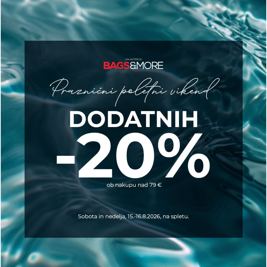 Promotional banner for Bags & More with large '-20%' text on a dark blue panel over a teal water background, advertising extra discount.