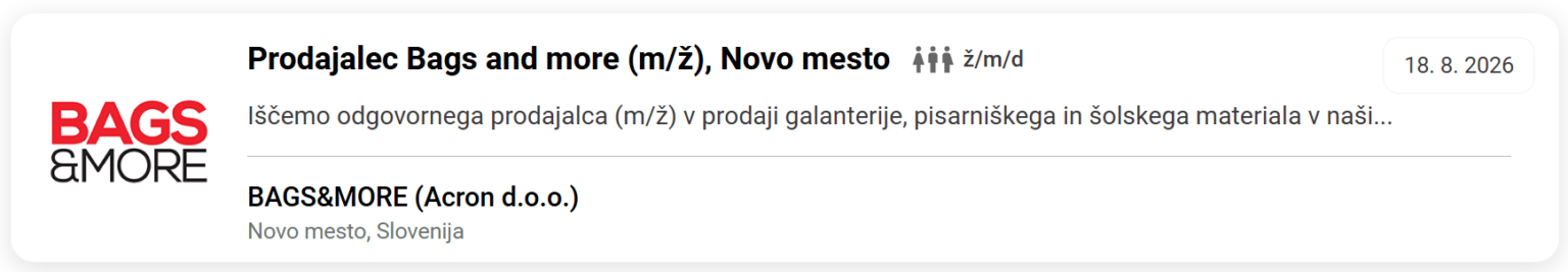 Banner for a seller listing: Bags&More logo on the left, title 'Prodajalec Bags and more (m/ž), Novo mesto', date 18.8.2026, Slovenian description text, listing 'BAGS&MORE (Acron d.o.o.) Novo mesto, Slovenija'