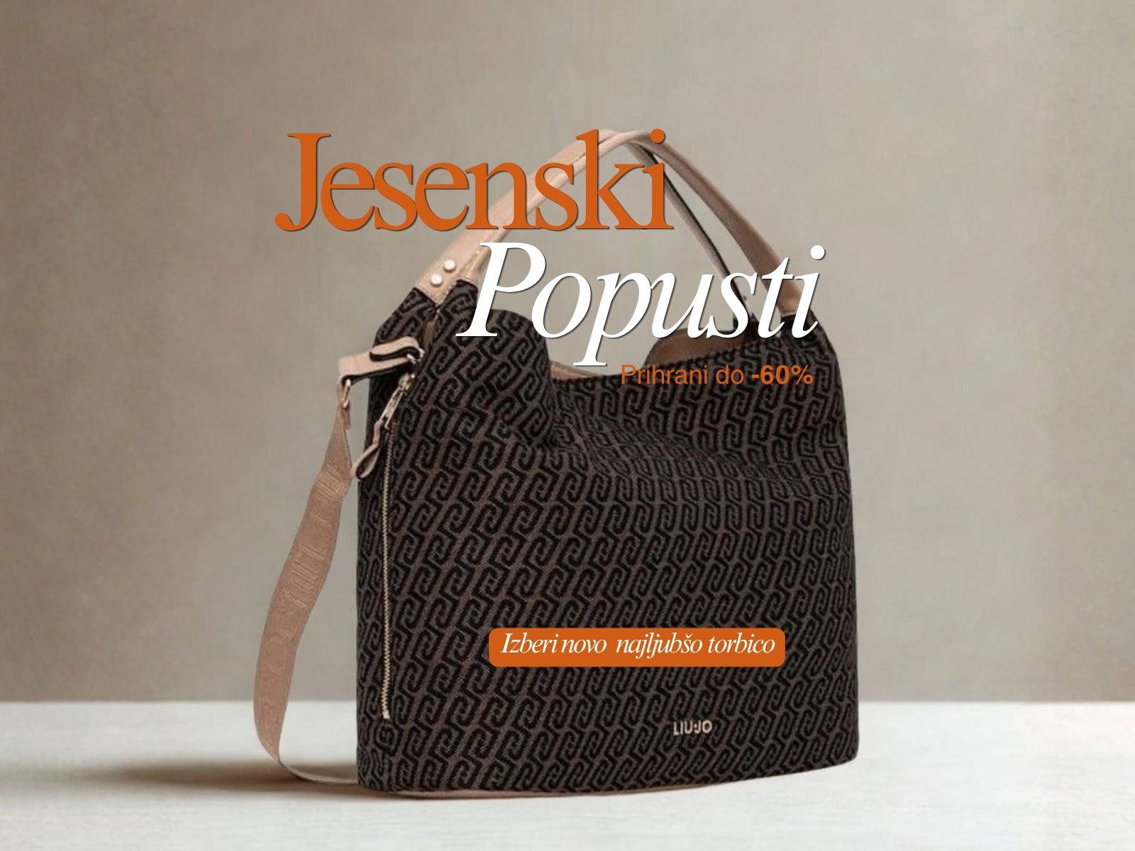 Autumn sale ad for a brown patterned handbag; text reads 'Jesenski Popusti' and 'Prihrani do -60%'.