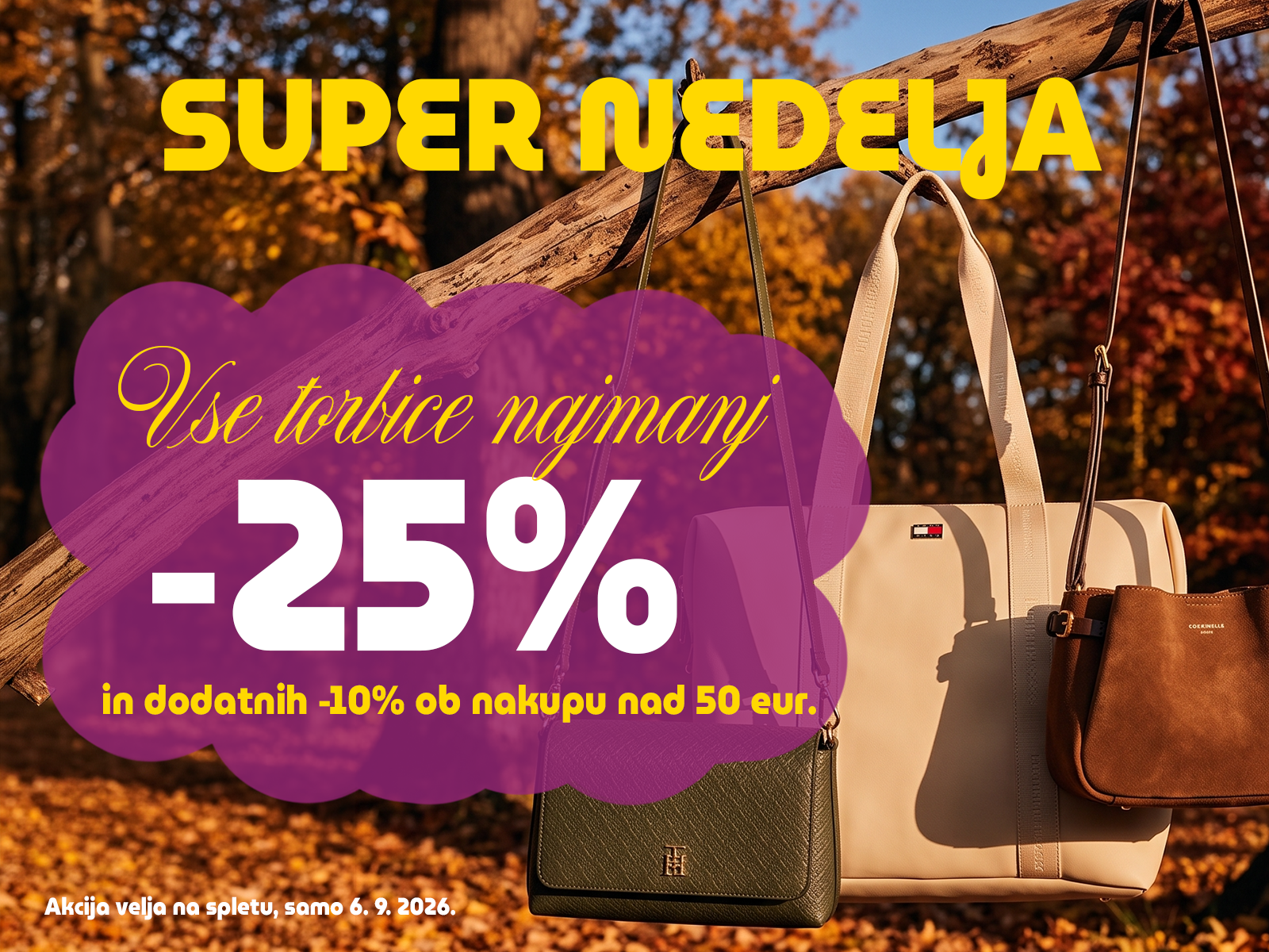 Autumn fashion sale banner featuring several handbags with a big white '-25%' and yellow script text over a purple cloud shape; background shows fall leaves and trees.