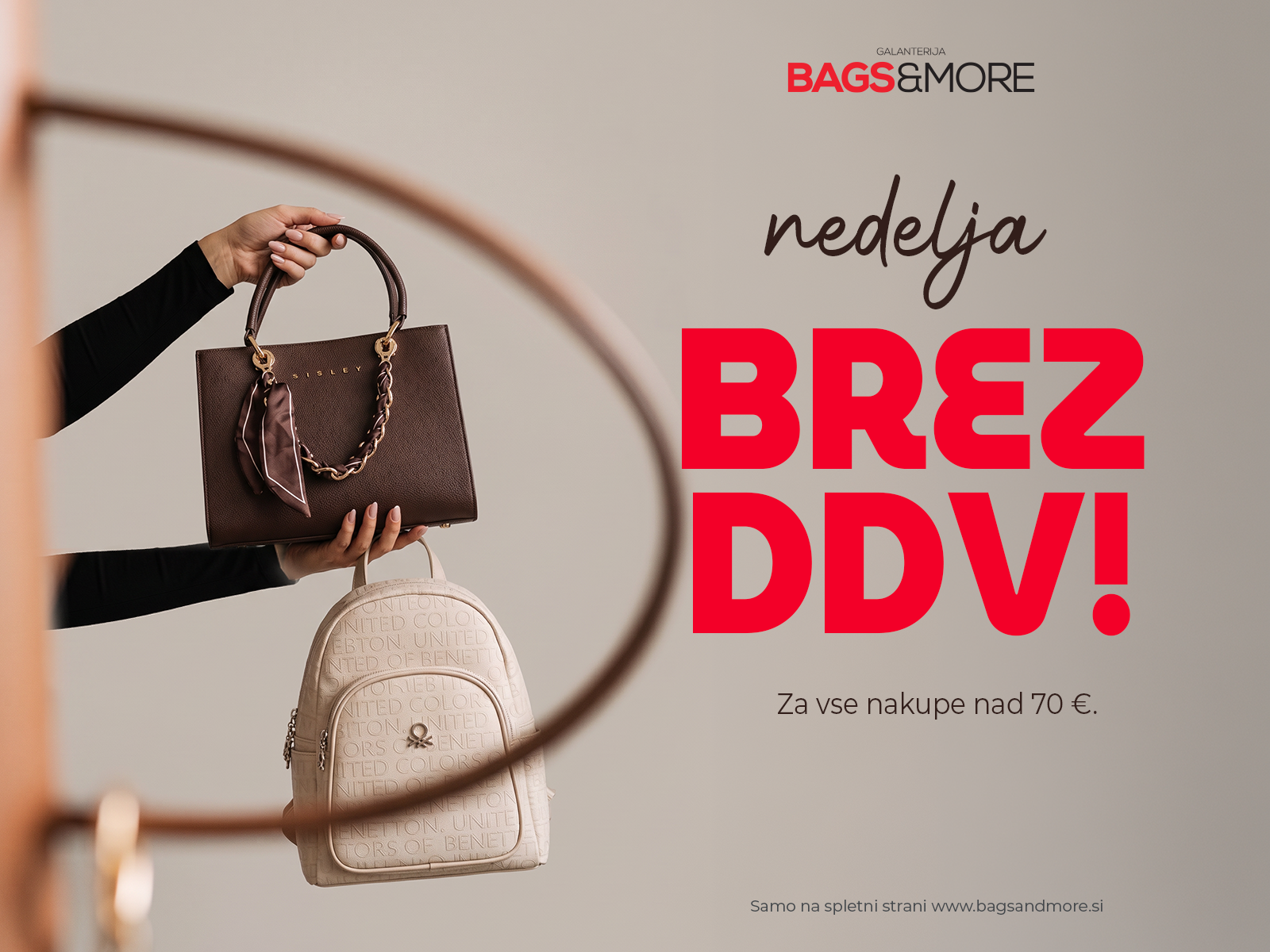 Advertisement for Bags&More: a brown handbag held by a hand with a beige backpack in the foreground; bold red text 'BREZ DDV!' on the right and the Bags&More logo at the top right.