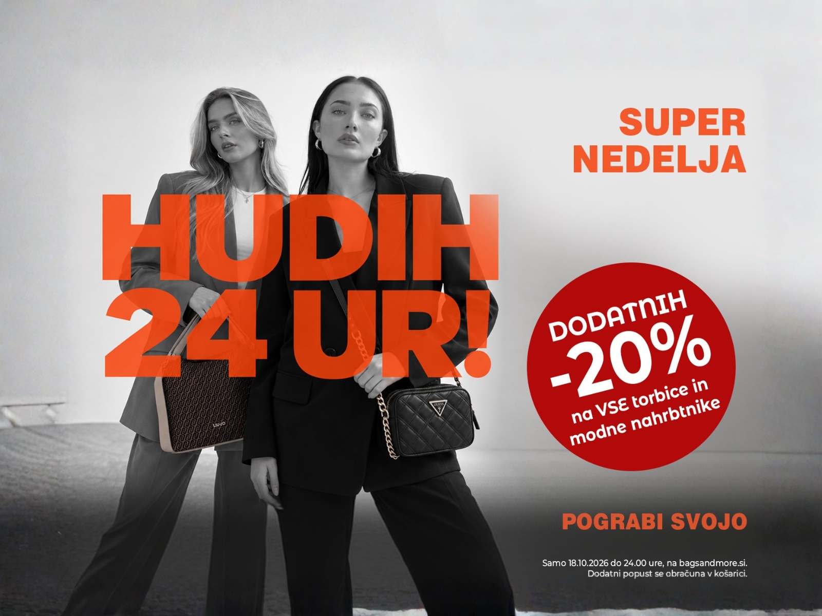 Two models pose in black outfits with bold orange text 'HUDI 24UR!' and a red circle offering -20% on bags.