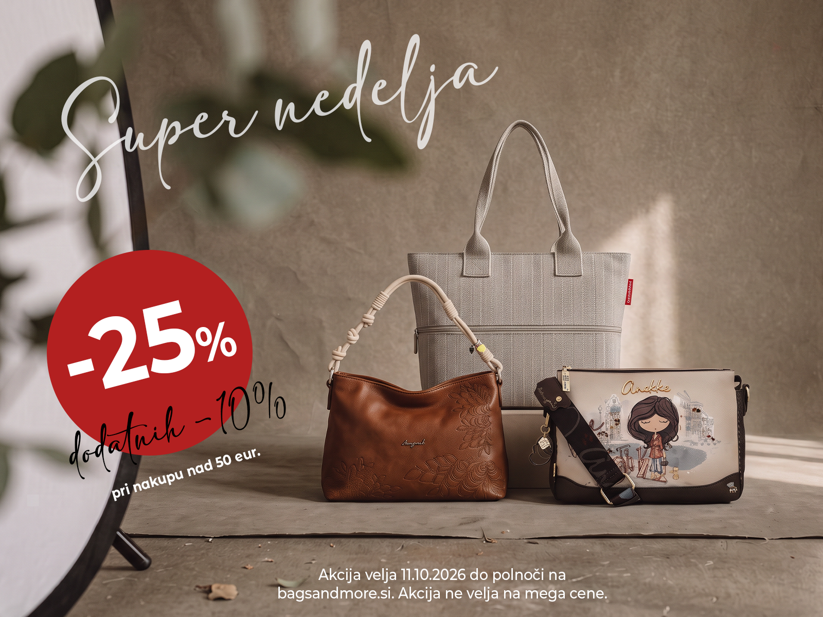 Promo banner advertising 25% off on handbags with three bags displayed (gray tote, brown purse, illustrated pouch).