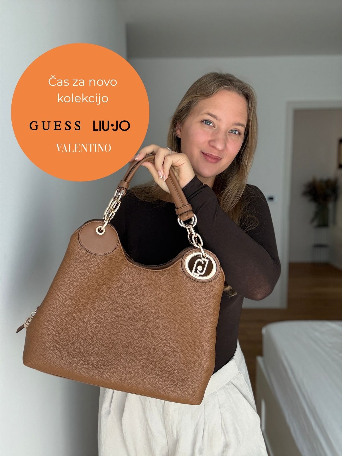 Woman holds a tan leather handbag beside an orange promo circle that reads 'Čas za novo kolekcijo GUESS LIU·JO VALENTINO'