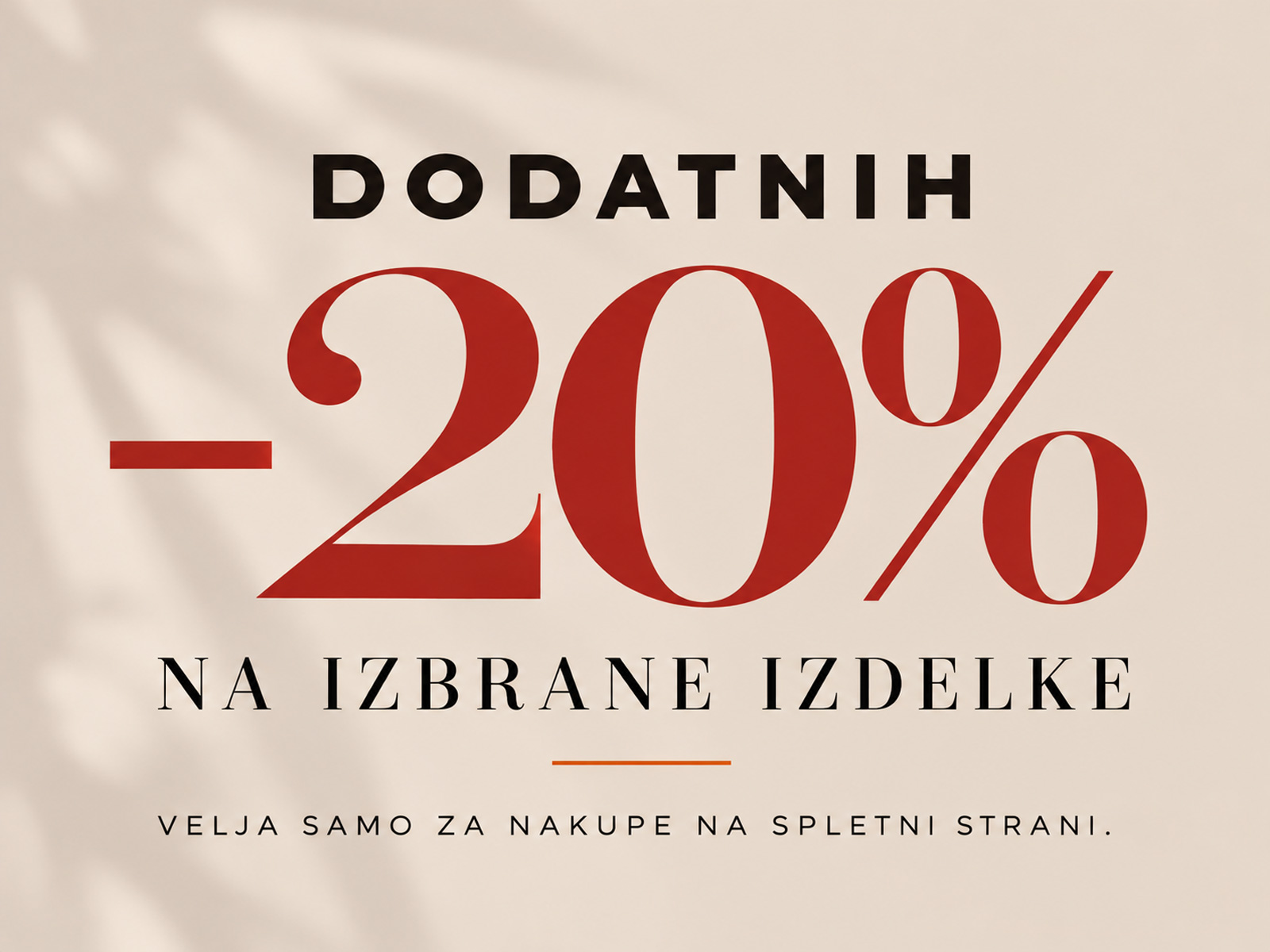Promo sign: bold red -20% off on selected items; online purchases only (Slovenian text surrounding).